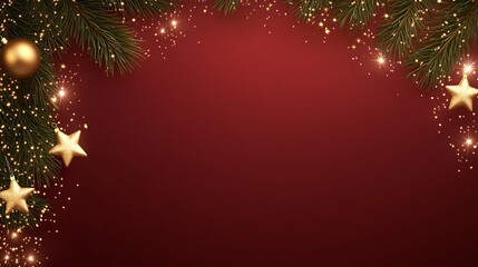 Aufkleber - Christmas-Themed Golden Starry Frame with Pine Branches on Red Canvas : Generative AI