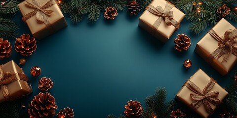 Poster - Sophisticated Christmas Gift Layout with Gold Wrapped Presents and Pinecones for Festive Settings : Generative AI
