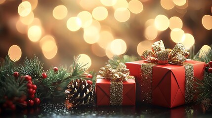 Poster - Christmas Gift Boxes with Gold Ribbon Amidst Greenery and Festive Pinecones with Warm Bokeh Background : Generative AI
