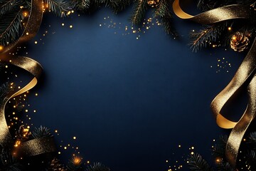 Aufkleber - Elegant Christmas Frame with Gold Ribbons Sparkling Pinecones and Twinkling Lights : Generative AI