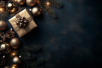 Poster - Exquisite Holiday Gift Box with Gold Ribbon Surrounded by Christmas Ornaments and Pine Branches : Generative AI