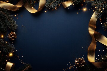 Aufkleber - Chic Festive Arrangement with Gold Ribbon and Pinecones Set Against a Blue Background : Generative AI