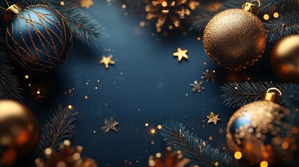 Aufkleber - Stylish Christmas Design with Gold and Blue Ornaments on Pine Branches for Elegant Seasonal Greetings : Generative AI