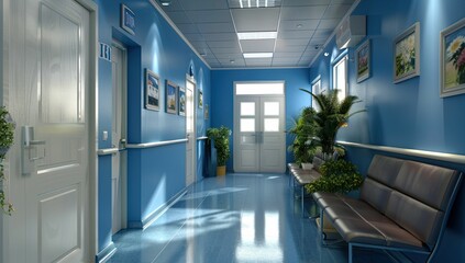 Wall Mural - Blue hallway with white doors and seating.