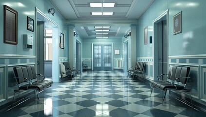 Wall Mural - A hospital hallway with black chairs.