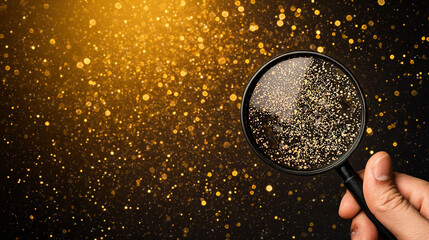 Wall Mural -   A magnifying glass with gold flecks is held by a hand against a black background featuring the same gold flecks
