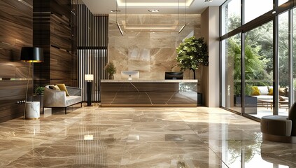 Wall Mural - Modern hotel lobby with marble floor and reception desk.