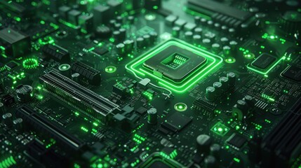 Close-up of a computer motherboard with a glowing green CPU.