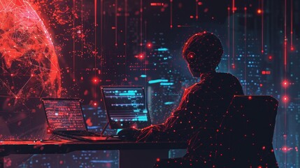 a hacker sits at a desk with two laptops, working in front of a glowing red digital globe.