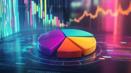 Poster - Colorful Pie Chart on a Digital Background with Financial Graphs Displaying Data and Trend Analysis for Business and Market Insights