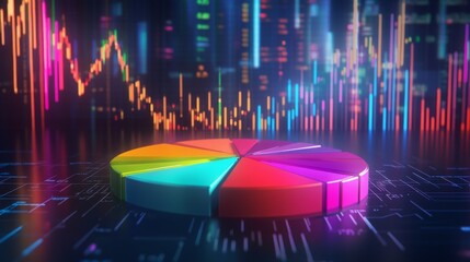 Poster - Colorful Pie Chart on Digital Background with Data Visualization Elements Representing Financial Analysis and Business Growth Metrics