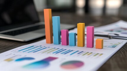 Poster - Colorful 3D Bar Graph Model on Financial Report with Laptop and Stationery, Representing Data Analysis, Business Growth, and Profit Trends in a Modern Workspace