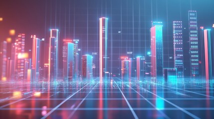 Poster - Futuristic Cityscape with Neon Lights and Digital Structures, Showcasing Advanced Technology and Urban Landscape in a Vibrant and Modern Style