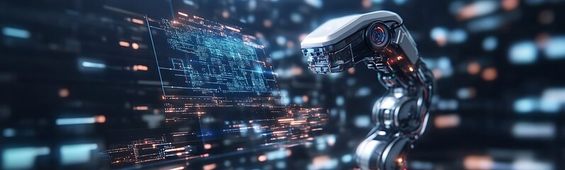 Fototapete - A futuristic robotic hand interacts with glowing data in a digital space, symbolizing advanced technology and artificial intelligence.