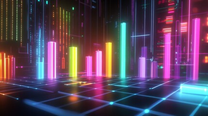 Poster - Neon Glowing Data Visualization with Colorful Bars and Dots on a Digital Background, Abstract Technology Concept for Analytics and Statistics