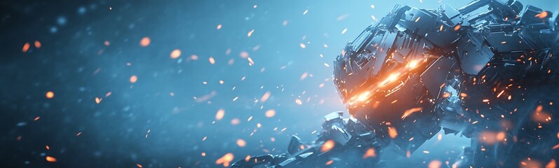 Poster - A futuristic mechanical creature illuminated against a dark, atmospheric backdrop, surrounded by particles and sparkles, creating a mysterious and sci-fi ambiance.