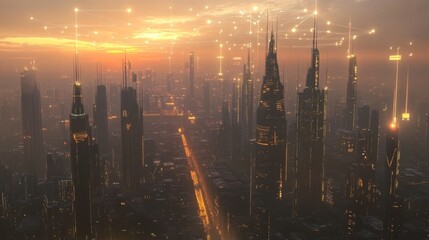 Aufkleber - Aerial View of Futuristic Cityscape at Sunset with Skyscrapers and Digital Connections Illuminating the Urban Skyline in a Glowing Atmosphere