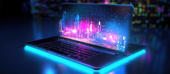 Laptop with glowing city skyline on the screen.