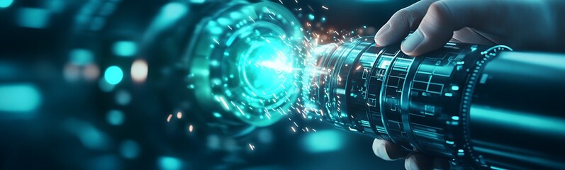 Aufkleber - A futuristic hand interacts with a glowing, high-tech device, emitting sparks and energy in a vibrant, sci-fi environment.