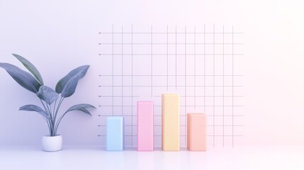 Leinwandbilder - Modern Minimalist Bar Chart with Soft Pastel Colors and a Potted Plant Against a Light Background for Business and Financial Concepts