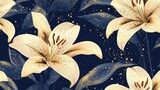 Vintage luxury seamless floral background with golden lilies flowers. Romantic pattern template for wall decor