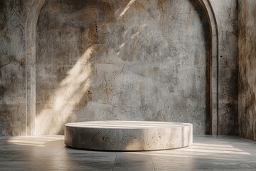 Stone podium for product display in ancient temple interior with grunge wall and sunlight shadows. Minimalist scene.