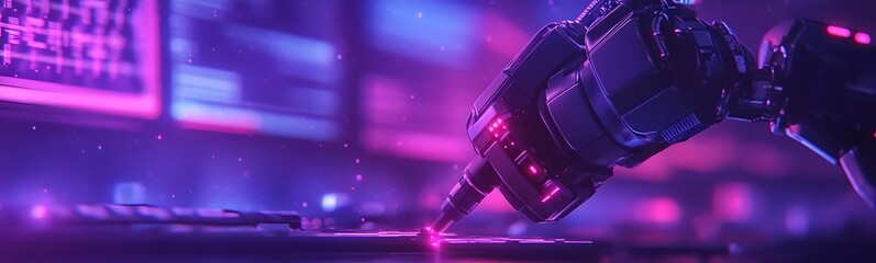Fototapete - A futuristic robotic hand interacts with a vibrant digital interface, exploring advanced technology in a neon-lit environment.