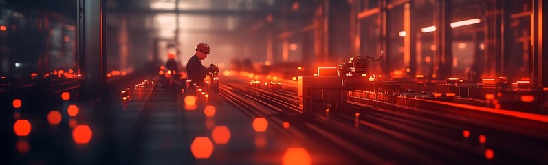 Aufkleber - A vibrant industrial scene with workers and glowing sparks, capturing the essence of a bustling manufacturing environment.