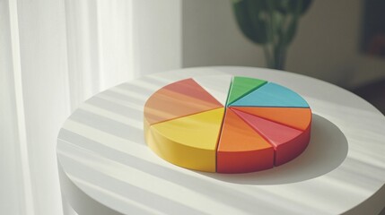 Fototapete - Vibrant Pie Chart on White Table with Soft Natural Light, Showcasing Colorful Segments, Ideal for Business, Finance, Education, or Creative Presentations
