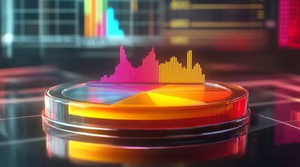 Fototapete - Colorful 3D Data Visualization Scene Featuring Pie Chart and Bar Graphs with Dynamic Background for Business and Technology Concepts