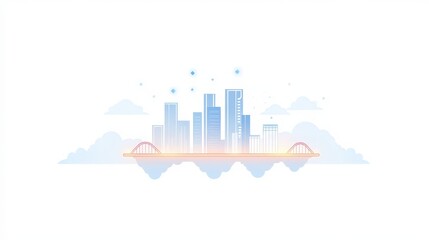 Modern skyline illustration with skyscrapers, bridge, clouds, and glimmers of light representing urban life and city atmosphere in a minimalist style