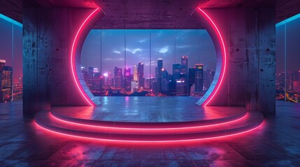 Wall Mural - futuristic stage with neon lights and a city skyline view.
