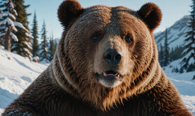 Wall Mural - a large brown bear is standing in the snow with its mouth open