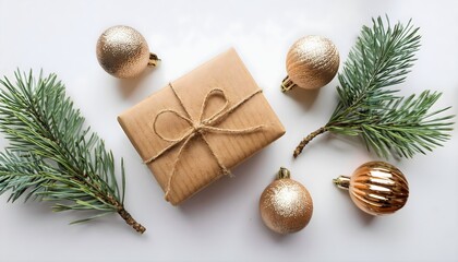 Wall Mural - Christmas gift box with fir branches with golden bauble decorations on white background