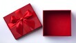 © Photonique - Empty open red gift box with red ribbon bow on white background, flat lay, top view, product placement