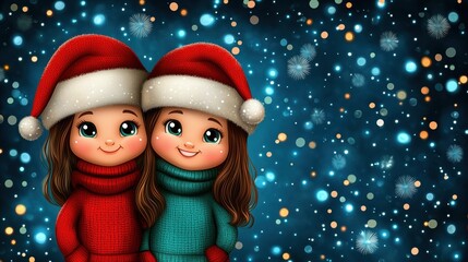 Wall Mural - Two cute children in Santa hats smiling with festive background