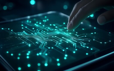 Aufkleber - A glowing circuit board is touched by a hand, depicting advanced technology and digital interaction in a futuristic setting.