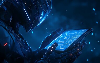 Poster - A futuristic, robotic figure interacts with a glowing tablet, surrounded by a blue, digital atmosphere, suggesting advanced technology and cyber themes.