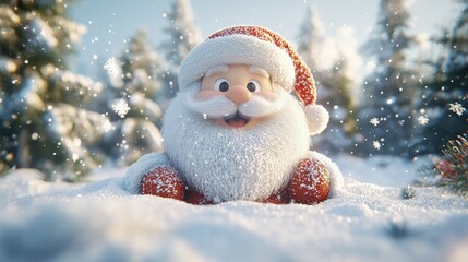 Wall Mural - 3D Render of Santa Claus Sitting Happily in Snow with Falling Snowflakes