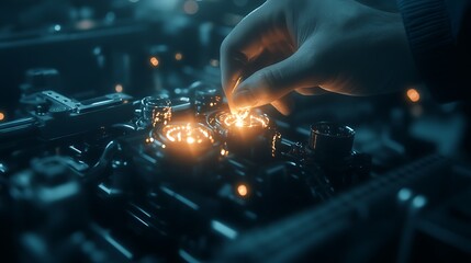 Aufkleber - A hand adjusts a glowing component on a complex machine, showcasing intricate details and an atmosphere of technology and precision.