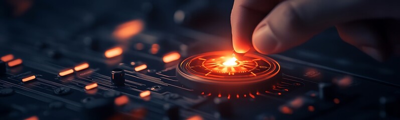 Fototapete - A close-up of a hand adjusting a glowing control on a modern interface, highlighting technology and innovation in design.