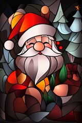 Wall Mural - Stained Glass Style Santa Claus Illustration with Pine Trees and Star