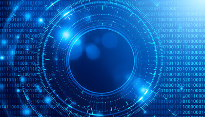 Wall Mural - blue technology circle and computer science abstract background with blue and binary code matrix. bu