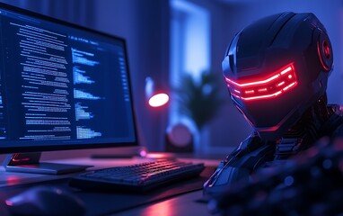 Fototapete - A sleek, robotic helmet with glowing red lights sits beside a computer displaying code in a dark, futuristic workspace.