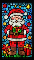 Wall Mural - Stained glass window featuring Santa Claus holding a gift, surrounded by colorful mosaic patterns