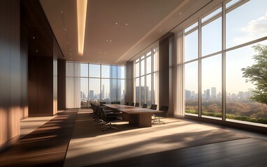 A modern conference room with large windows offering a city view, oak furniture, and ample natural light, creating an inviting atmosphere for meetings.