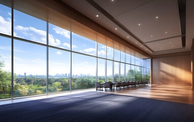 Aufkleber - A modern, spacious interior featuring large windows with a city skyline view, framed by natural light and elegant furnishings.
