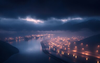 Poster - A mystical nighttime scene of a glowing coastal city surrounded by dark, moody clouds and mist over the water.