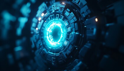 Poster - A futuristic circular design with glowing blue light, featuring intricate patterns and a high-tech aesthetic, suggesting advanced technology or innovation.