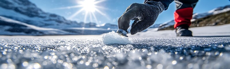 Poster - A person collects snow on a snowy landscape under bright sunlight, with mountains in the background, depicting winter activities and outdoor adventure.
